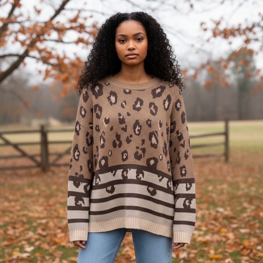 ANDREE BY UNIT Leopard Patterned Tan and Cream Sweater - Picture 3 of 9